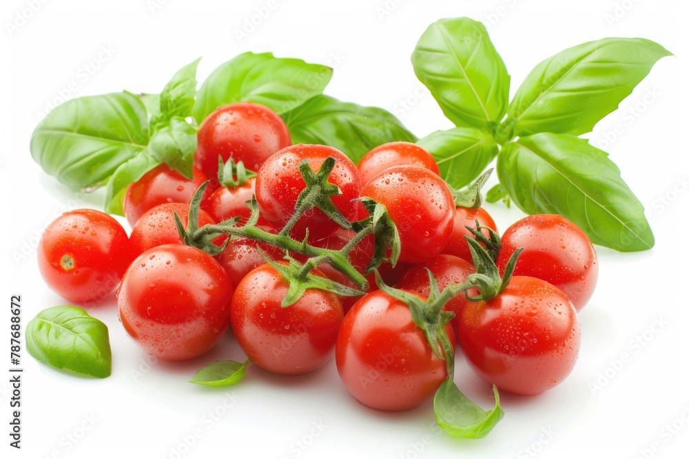 Fresh cherry tomatoes with Sweet basil leaves, isolated on white background - generative ai Fresh cherry tomatoes with Sweet basil leaves, isolated on white background - generative ai