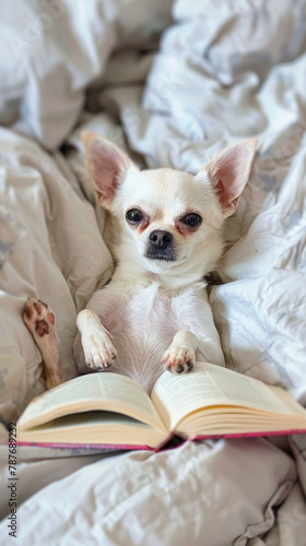 A cute white Chihuahua dog lying on the bed, holding an book in its paws with its head up while looking at you © Sattawat