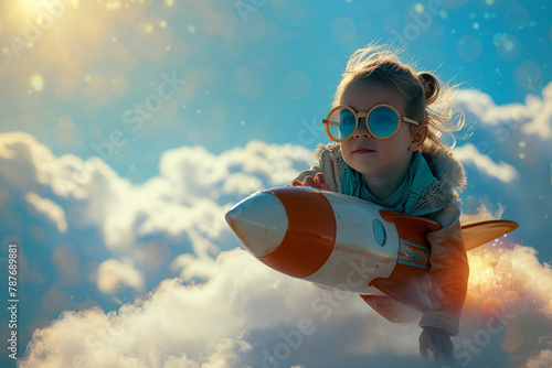 Creative child riding a rocket in the sky  photo