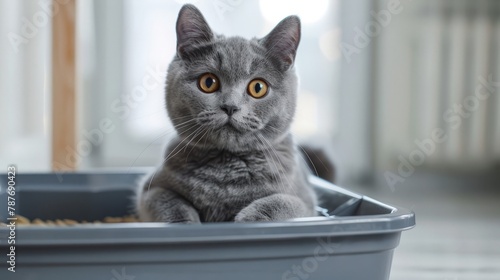 A beautiful gray British cat is defecate into a large gray triangular plastic litter box