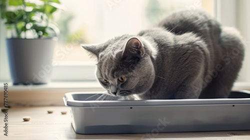A gray British cat is digging into a large gray triangular plastic litter box