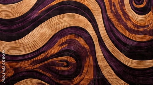 a rug with large brown, beige and gold swirls, dark magenta and dark brown, whirly photo