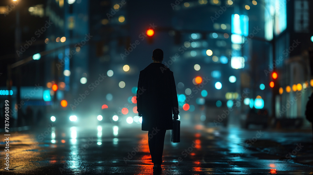 businessman is walking alone down the street at night 