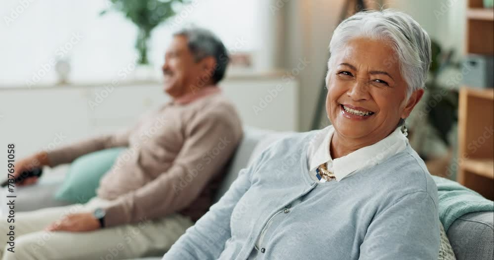 Senior, couple and relax by watching tv in home with happiness on vacation or holiday in retirement. Elderly, man and woman with smile in portrait on sofa and streaming comedy movies, series or film Senior, couple and relax by watching tv in home with happiness on vacation or holiday in retirement. Elderly, man and woman with smile in portrait on sofa and streaming comedy movies, series or film