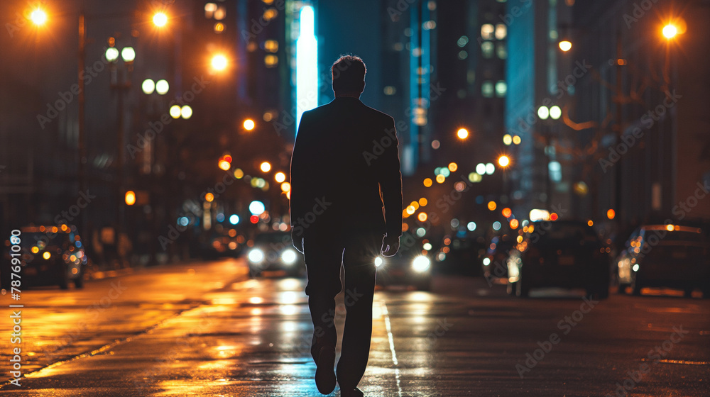 businessman is walking alone down the street at night businessman is walking alone down the street at night