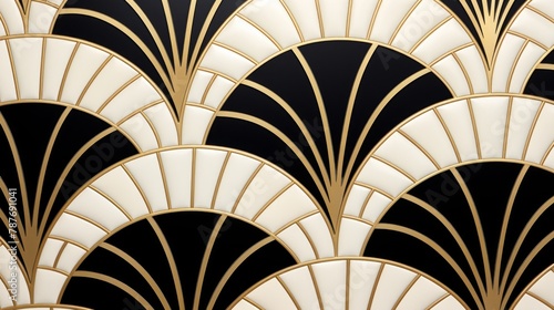 tile featuring faninfluenced designs in gold and black, in the style of art deco glamour
