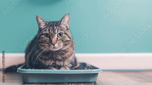 Wallpaper Mural Cat tray with crystal litter and scoop on floor near light blue wall Torontodigital.ca