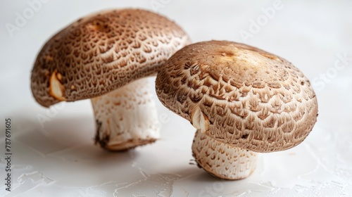 Close-up of two fresh raw shiitake mushrooms on white floor,