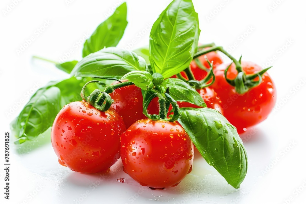 Fresh cherry tomatoes with Sweet basil leaves, isolated on white background - generative ai Fresh cherry tomatoes with Sweet basil leaves, isolated on white background - generative ai