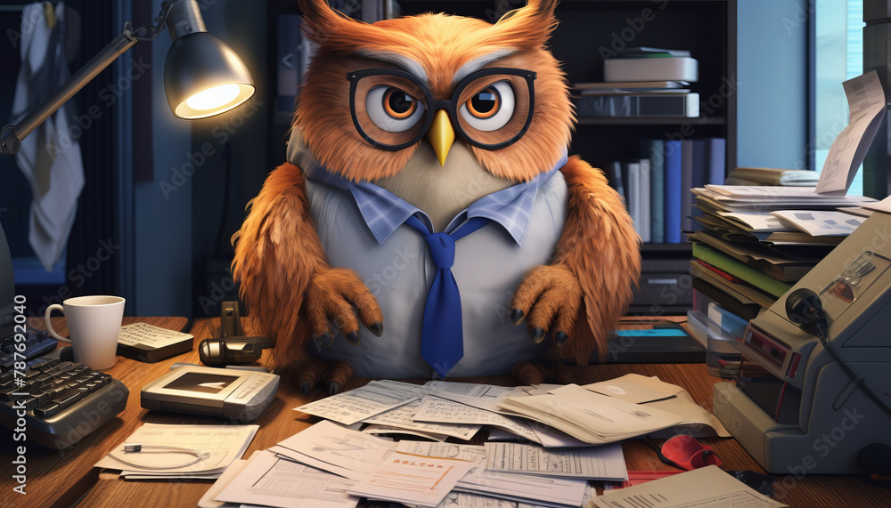 A cartoon owl wearing glasses and a tie sits at a desk with a pile of papers