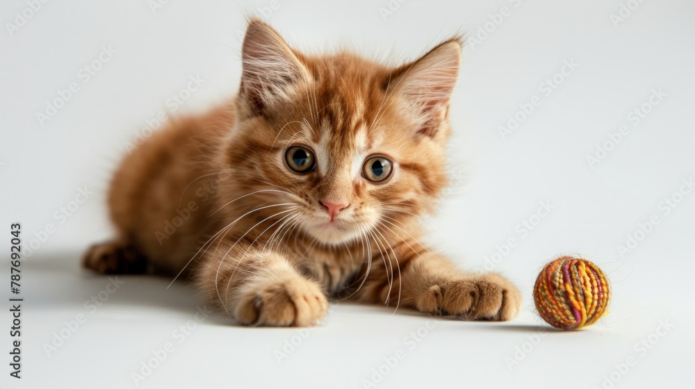 Cute orange kitten with large paws playing with a toy on a white background.