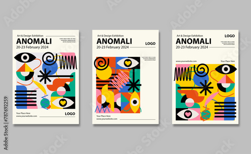 Set Art objects for an exhibition of painting, culture, sculpture, music and design. Vector abstract modern illustrations for creative festivals and events