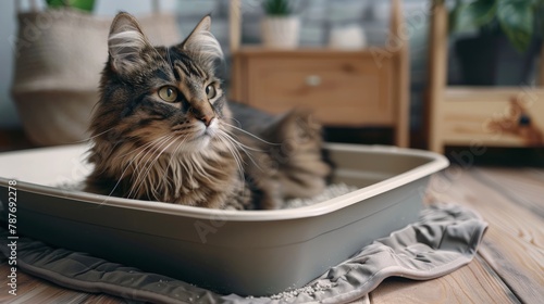 Domestic cat in an absorbent litter box. Side view.