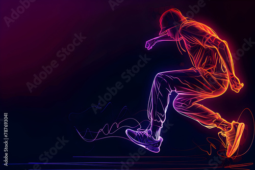 Neon wireframe representation of parkour runner leaping over a gap isolated on black background