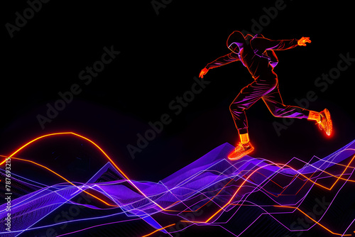 Dynamic neon silhouette of parkour athlete performing precision jump between buildings isolated on black background © Neon Hub