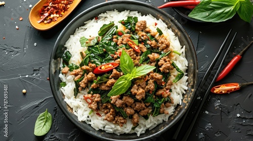 Cooked rice and Thai Basil Minced beef,Stir fired ground beef with garlic and basil leaf in chilli sauce (Pad Kra pao).Top view