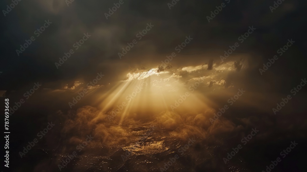 Dark sky with sun . God rays . Dramatic nature background . Religion background