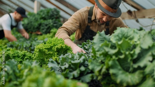 Artisanal Farmers Tending to Kale and Lettuce