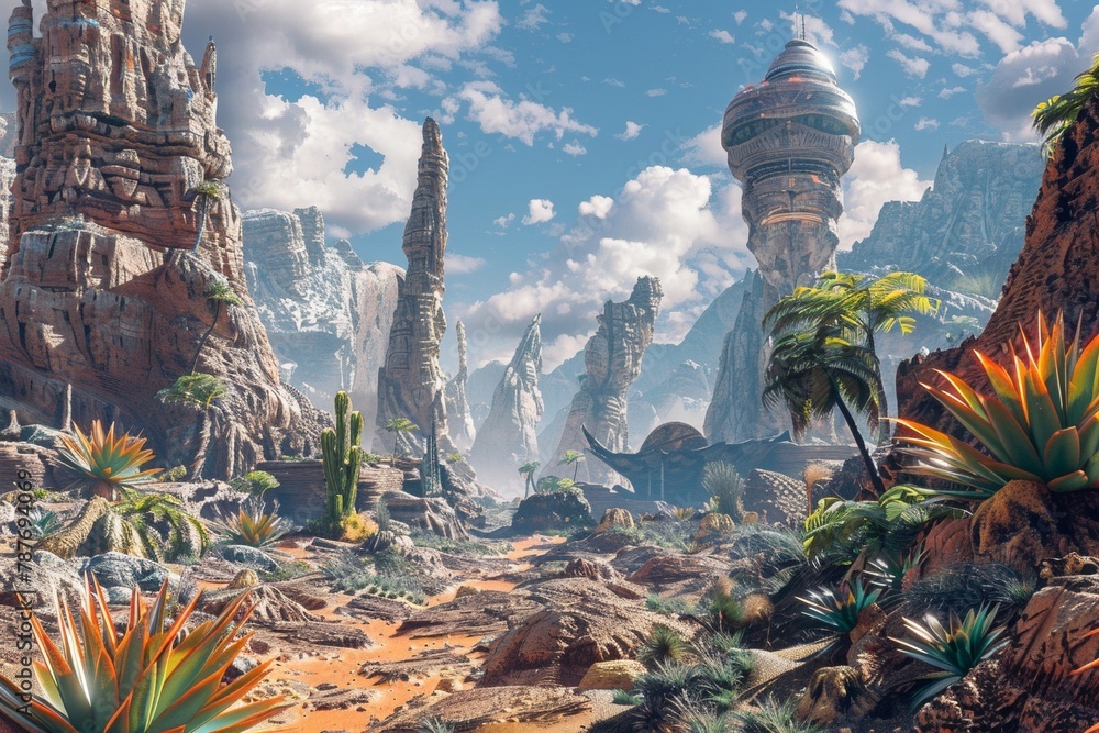 An alien landscape with strange rock formations, exotic flora, and ...