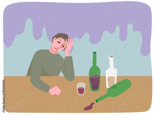 アルコール依存症で落ち込む男性とテーブルに置かれた酒瓶とグラスに入った赤ワインとどんよりと重くのしかかる憂鬱な感情の背景