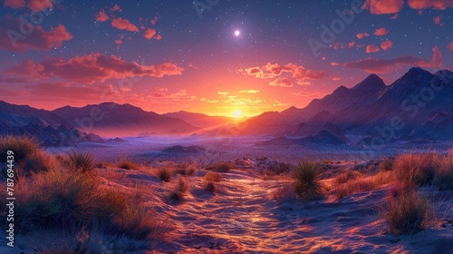 A beautiful painting of a desert landscape with mountains in the distance. The sky is a gradient of purple, pink, and blue with a bright shining moon.