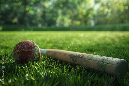 Cricket Ground, bat and ball bails placed on grass, cricket games backgrounds-