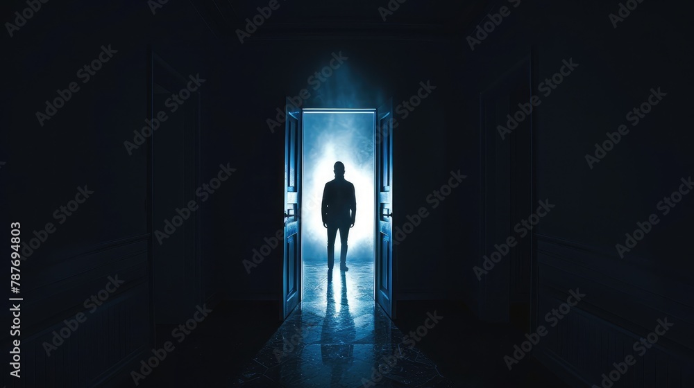 Man getting out from the darkness opening door - obrazy, fototapety, plakaty 