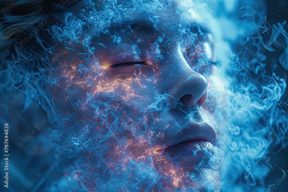 A closeup portrait of a woman's face with her eyes closed. Her face is covered in glowing blue and orange particles.