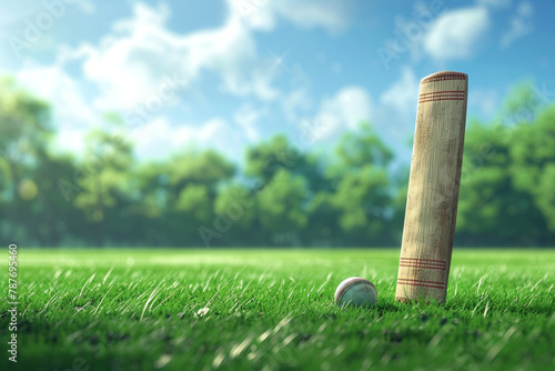 Cricket Ground, bat and ball bails placed on grass, cricket games backgrounds- photo