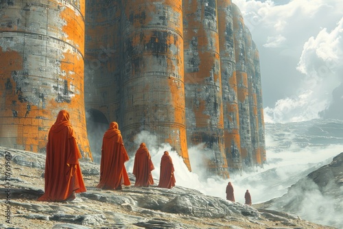 Five orange robed monks walk toward a giant alien structure