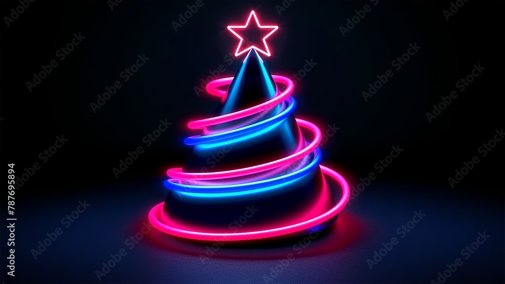 Neon. Christmas tree. Minimalistic background. Generative AI. Neon. Christmas tree. Minimalistic background. Generative AI.