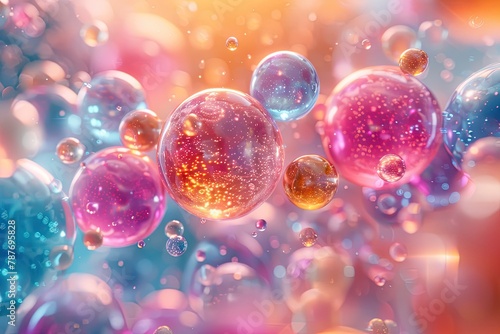 Pink and blue bubbles floating in a colorful background. © Autaporn