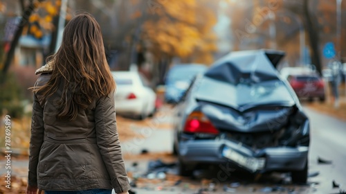 Woman Walking Away from a Car Crash Site - Car Insurance Claim, Road Safety, Auto Repair Promotion