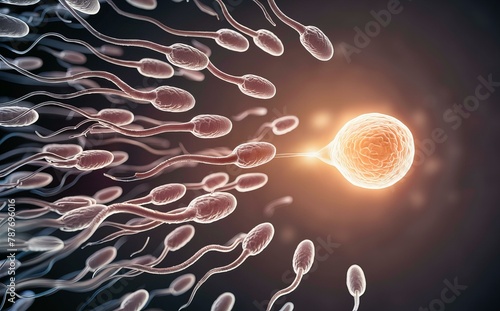 3D illustration of sperm rushing to the egg