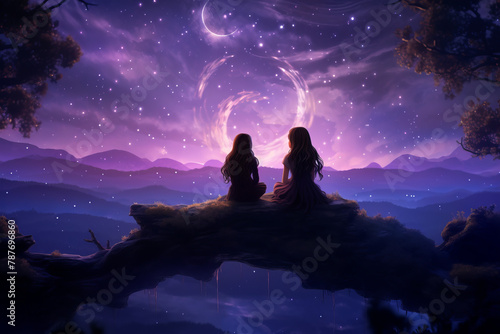 Two girls are sitting on a bridge looking at the stars