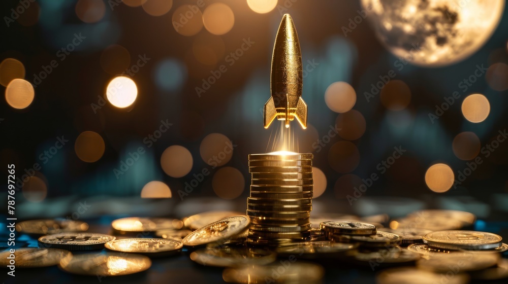 A golden rocket ship launching from a stack of gold coins with a moon in the background. - obrazy, fototapety, plakaty 