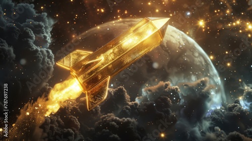 A golden rocket flies through a starry sky, leaving a trail of fire behind it.