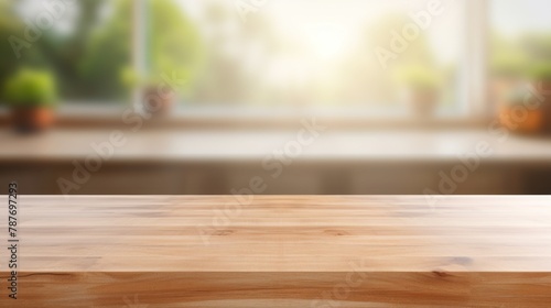 Empty Beautiful wood table top and blur bokeh modern kitchen interior background in clean and bright  Ready for product montage 