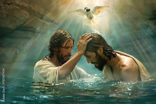 Sacred immersion: baptism of Jesus - John baptizes Jesus in the Jordan river, marking a pivotal moment of spiritual cleansing and divine affirmation. photo