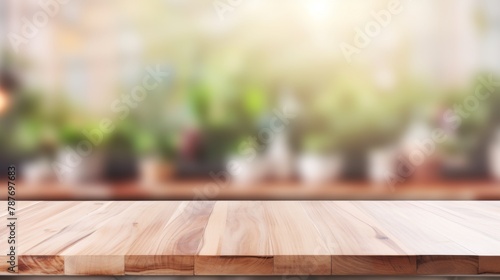 Empty Beautiful wood table top and blur bokeh modern kitchen interior background in clean and bright, Ready for product montage 