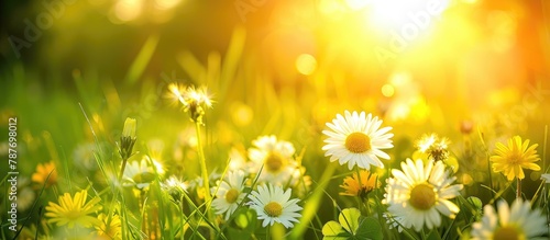 A stunning summer scene featuring yellow and white daisies, clovers, and dandelions in the grass at sunrise. Presented in an ultra-wide panoramic format.