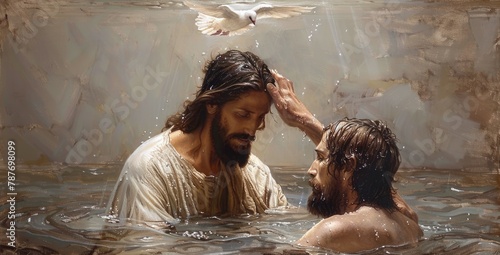 Sacred immersion: baptism of Jesus - John baptizes Jesus in the Jordan river, marking a pivotal moment of spiritual cleansing and divine affirmation.