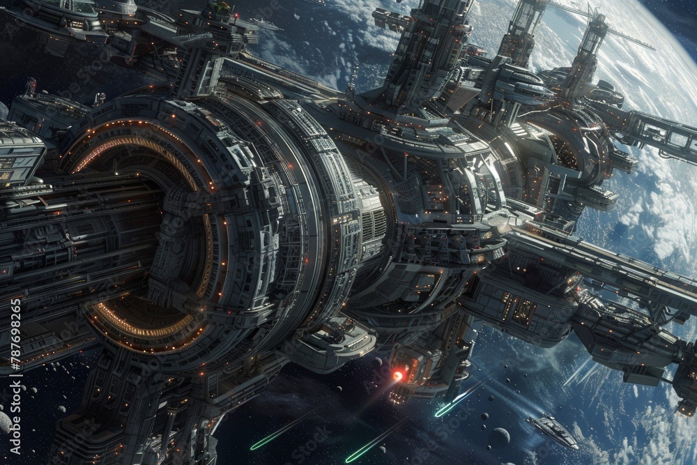A space station orbiting a distant planet, with sleek architecture, advanced technology, and bustling activity as ships come and go A space station orbiting a distant planet, with sleek architecture, advanced technology, and bustling activity as ships come and go