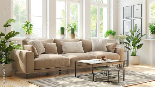 modern living room interior decorated with light brown sofas and green plants, eco friendly relaxing interior design 