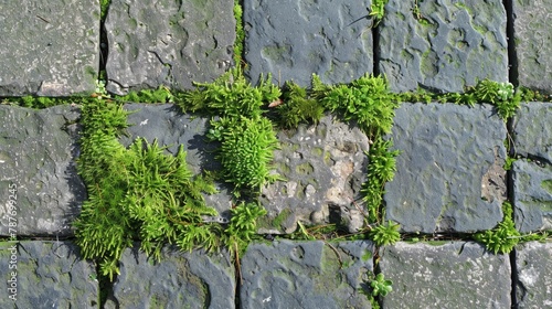 Moss growing on tiled pavement