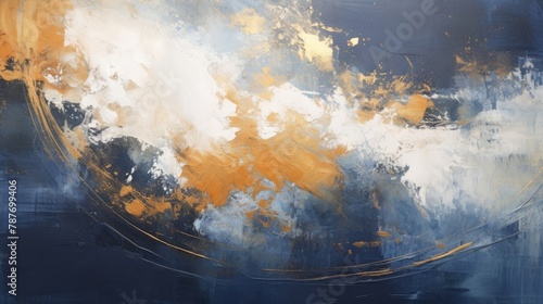 Abstract dark blue and gold painting on canvas background photo