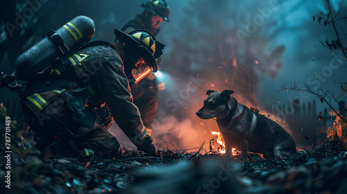 A firefighter crouches down next to a loyal search dog amidst the sparks of a nighttime wildfire, preparing to act. photo