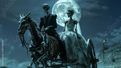 A deadly horse leads a skeleton couples carriage