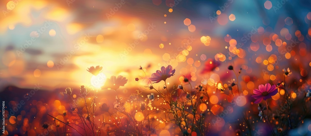 Flower-patterned backdrop. Evening sky. Scenery.