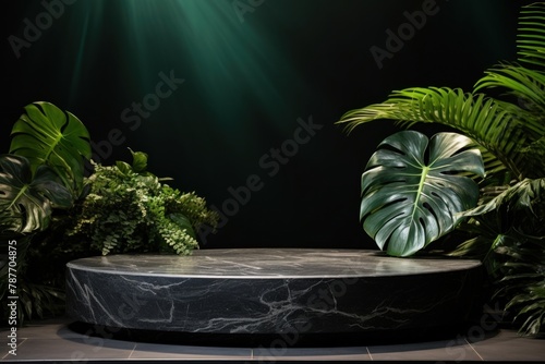 Product display. empty marble podium display stand for product display with green foliage.